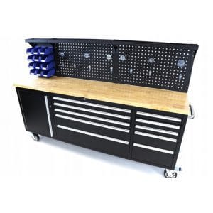 Banc de lucru profesional cu blat de lemn pentru atelier cu panou pentru scule, 215 cm